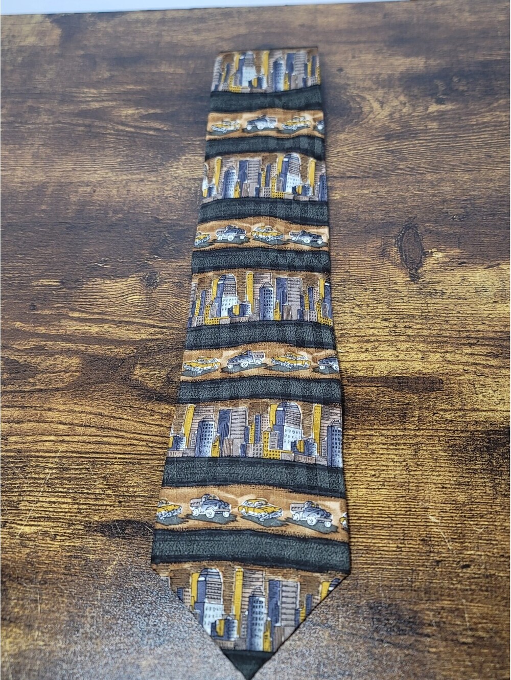 Structure Mens Necktie One Size Gold Brown Cityscape Vintage Car Silk USA Tie
